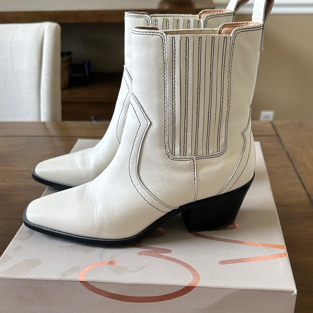 White Leather Western Ankle Boots